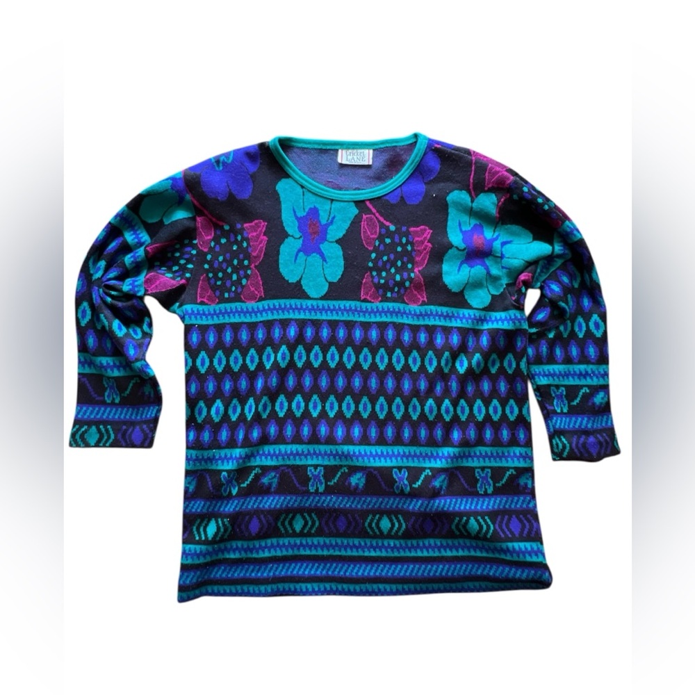 Vintage 80's Vibrant Floral Sweater With Small Shoulder Pads Black Multi Retro